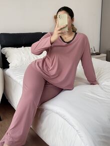 Napfluff CURVE Napfluff CURVE Contrast Color Lace Trim V-Neck Loose Long Sleeve Pants Pajama Set Plus Size - Multicolor - View 3