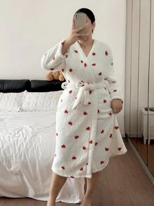 CottageSlumber Heart Print Plus Size Long Sleeve Plush Robe - White - View 6