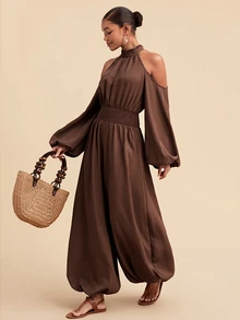 Travachic Women's Solid Color Cold Shoulder Casual Daily Wear Jumpsuit Lantern Pants - Khaki - View 3