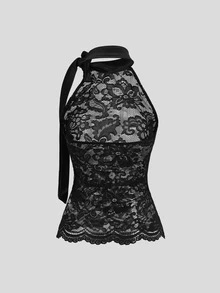 Sweetra Women's Sexy Lace Hollow Out Tie Strap Halter Top - Black - View 2