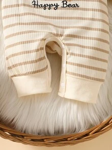 SHEIN 1pc Newborn Baby Girl Boy Romper Cute Sweet Beige Cream Bear Applique Striped Bow Long Sleeve Round Neck Birthday Party Fall Holiday Fall Ribbed Snaps - Apricot - View 6