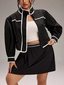 SHEIN BASICS Plus Size Women Black Contrast Trim Zip Up Lightweight Jacket Long Sleeve Casual Jacket Winter - Black - View 2