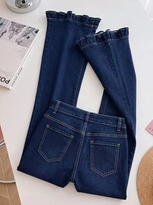 GlowEve Women's Floral Pattern Pocket Casual Denim Jeans With Ruffle Hem - Blue - View 2