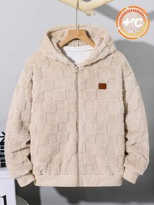 SHEIN 青少年男孩休閒格紋毛絨連帽夾克，附裝飾補丁，適合秋冬返校季 - 杏色 - 查看 5