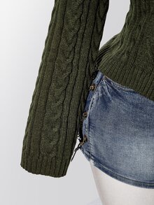 SHEIN ICON Plus Size Y2K Knit Top With Turn-Down Collar, Fur Trim And Tassel - Army Green - View 8