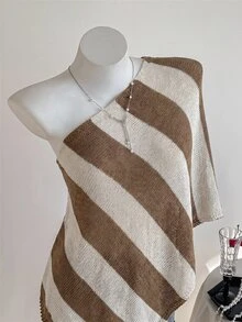 Comfortcana Plus Size Women's Blue White Stripe Hollow Out Asymmetric Shoulder Knit Pullover Sweater Vacation Fall Casual Elegant Kawaii - Camel - View 3