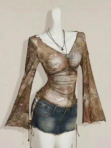 SHEIN ICON 秋季女款西式波希米亞風青色滿版印花V領抓褶優雅長袖襯衫 - 彩色 - 查看 6