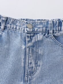 女童破洞磨損刺繡牛仔褲，復古水洗直筒長褲，街頭風 - 淺色水洗藍 - 查看 4