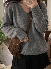 DAZY 女款V領長袖寬鬆休閒毛衣 - 灰色 - 查看 3