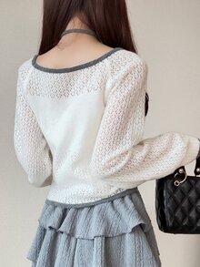 FRIFUL Women's Tie Design Contrast Trim Long Sleeve Hollow Out Versatile Sweater - Apricot - View 7