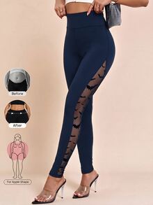 SHEIN Clasi Women's Solid Color Mesh Patchwork Elastic Knit Leggings - Navy Blue - View 1