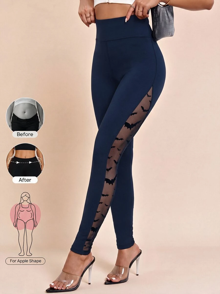 SHEIN Clasi Women's Solid Color Mesh Patchwork Elastic Knit Leggings - Navy Blue - View 1