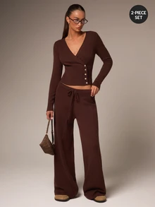 Athîral Women's Deep V-Neck Fitted Top And Solid Color Long Pants 2 Pieces Set - Multicolor - View 1