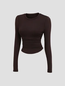 Sweetra New Casual Commute Minimalist Small Round Neck Waist-Flattering V-Hem Top And Wide Leg Pants Coffee Brown 2 Pieces Set - Coffee Brown - View 8