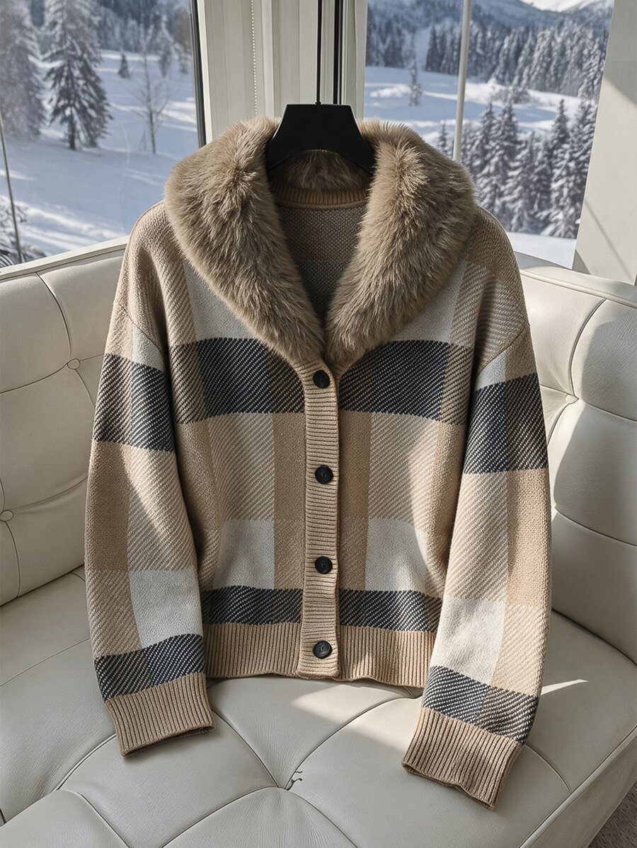 SHEIN 女款毛絨拼接格紋休閒日常開襟衫 - 彩色 - 查看 1
