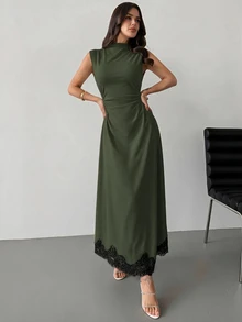 Firerie 女款優雅長洋裝，立領設計，百褶拼接與蕾絲下擺 - 軍綠色 - 查看 6