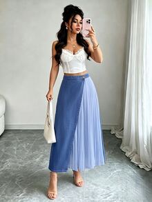 GlowEve Women's Waist Button Design Patchwork Pleated Casual Denim Skirt - Multicolor - View 3
