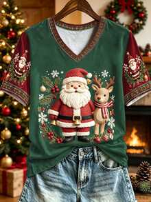 Breezaya Christmas Cute Little Reindeer & Santa Claus Pattern Print Fashion Plus Size T-Shirt - Multicolor - View 3