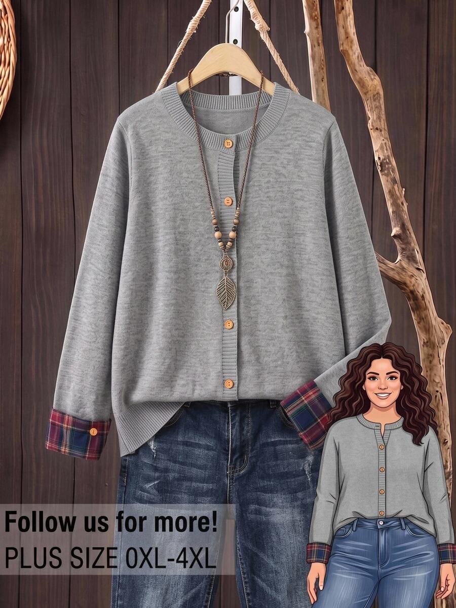 Rusticease Cardigan Kasual Harian Wanita Ukuran Besar Warna Polos - Grey - View 1
