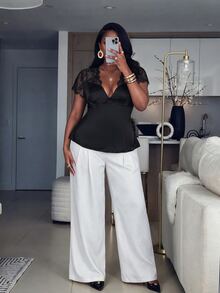 Firerie Plus Size Women's Contrast Lace Deep V-Neck Cap Sleeve Sexy Blouse - Black - View 6
