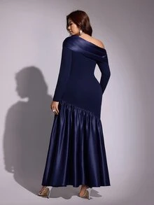 Viva Relle Plus-Size Sexy Asymmetrical Shoulder Pearl And Diamond Dress Fall - Navy Blue - View 6