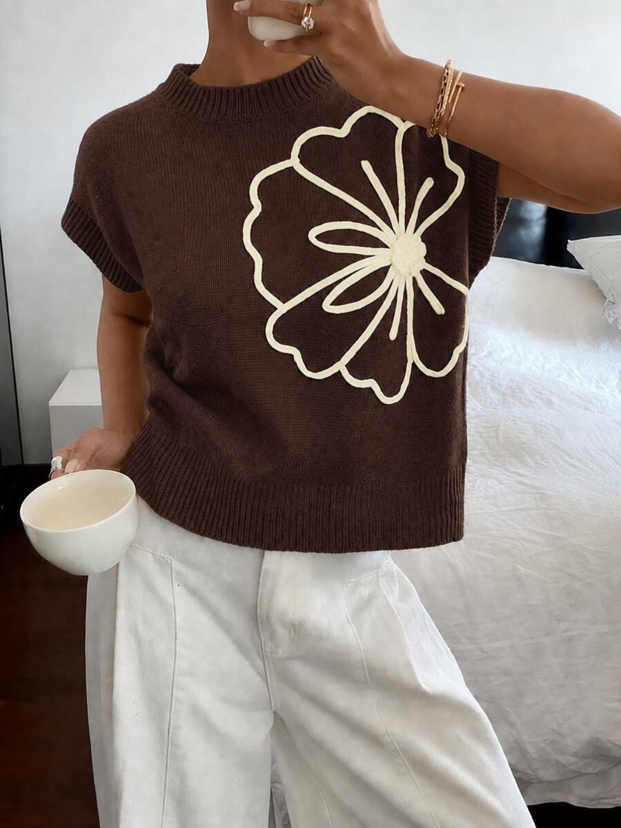 Siren Gaze 女款針織短袖圓領簡約時尚上衣，針織毛衣花卉夏季度假休閒聖誕節度假風 - 鏽棕色 - 查看 1