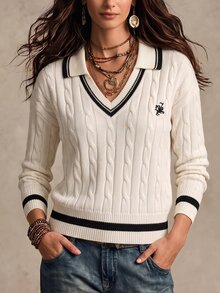 SHEIN Loose Fit Versatile College Style Contrast Color Lapel Long Sleeve Pullover - Apricot - View 3