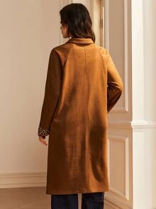 Écloséra French Style Brown Mid-Length Coat With Leopard Print Patchwork Cuffs, Vintage Casual Elegant Fall/ Jacket Office - Brown - View 5
