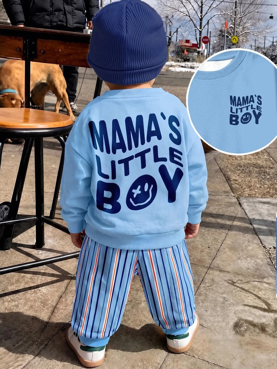 Young Boys Loose Sports Casual Comfortable Long Sleeve Sweatshirt And Pants 2 Pieces Set, Suitable For Autumn/Winter, Classic Handsome Striped Pattern Print, Classic Hip-Hop Cool Text Pattern Print, Back Graphic Print - Multicolor - View 1