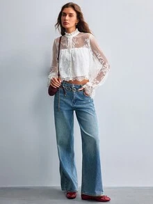 Willow Rêve Women's White Lace Semi-Sheer Stand Collar Button Long Sleeve Blouse - White - View 4