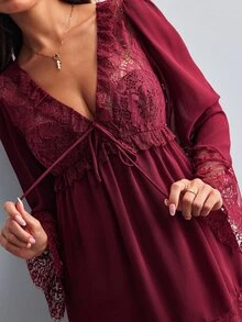 Willow Rêve Gaun Mini Merah Patchwork Renda Wanita - Burgundy - View 6