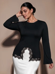 SHEIN BAE CURVE 大尺碼女款蕾絲拼接休閒日常長袖上衣 - 黑色 - 查看 3