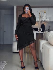Firerie Plus Size Women Solid Color Contrast Lace Long Sleeve Elegant Dress - Black - View 5