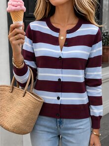SHEIN PariChic 女款條紋長袖單排扣休閒針織開襟衫 - 酒紅色 - 查看 3