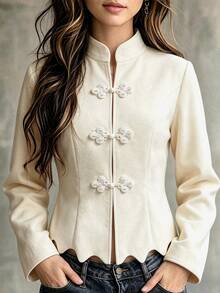 LUMIGAL / Women New Chinese Style Wool Blend Jacket, Stand Collar Frog Buttons Slim Fit Short Coat, Wave Hem - Beige - View 1