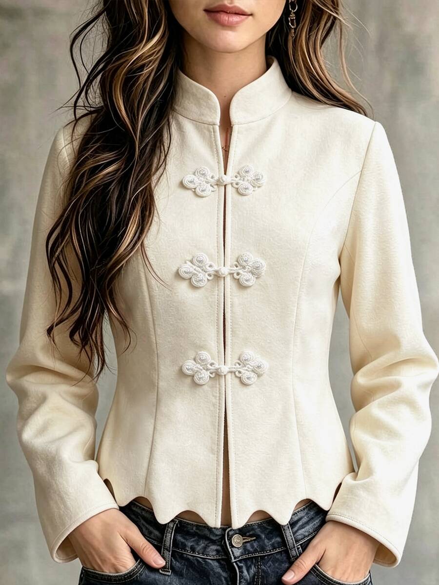 LUMIGAL / Women New Chinese Style Wool Blend Jacket, Stand Collar Frog Buttons Slim Fit Short Coat, Wave Hem - Beige - View 1