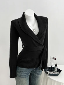 Elamini Sexy Style Deep Brown Oversized Collar Cross Waist Tie Women's Sweater - Black - View 3