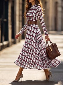 Editum Women's Plaid Casual Party Mid-Length Dress - Burgundy - View 4