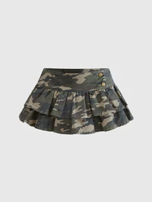 ROMWE Blue Vintage Y2K Millennium Style Ultra Low Waist Super Sexy Double Layer Ruffle Hem Mini Denim Skirt - Army Green - View 1