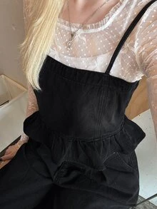 FRIFUL Women's Ruffle Hem Camisole Top And Long Pants Casual Denim Set - Black - View 3