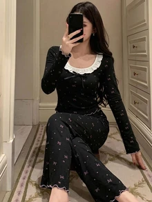 DAZY Women's 2-Piece Pajama Set With Bow Print, Frill Trim, Slim Fit Long Sleeve Top And Long Pants - Black - View 6