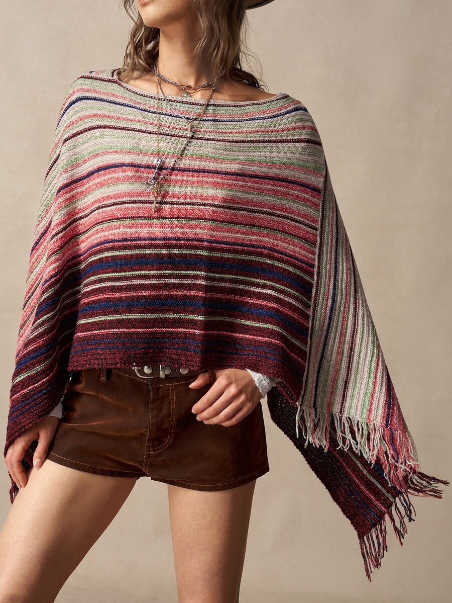 Bohemela Women's Vintage Striped Boho Loose-Fit Crew-Neck Poncho Sweater For Fall, Perfect For Vacations, Going Out, And Halloween Outfits - Multicolor - View 1