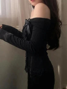 DAZY 女款韓式露肩長袖蕾絲拼接春夏季百搭清新T恤 - 黑色 - 查看 6