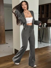SHEIN EZwear 2件組女款休閒純色寬肩帶開襟衫與抽繩腰寬腿褲套裝，秋季/旅行黑色 - 深灰色 - 查看 4