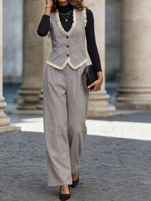 Editum Women's Button Lace Patchwork Vest Jacket And Striped Long Pants Suit Set - Multicolor - View 1