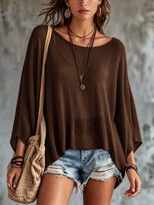 SHEIN Kaos Wanita Polos Kasual Serbaguna untuk Pemakaian Sehari-hari - Coffee Brown - View 1