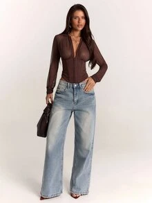 SHEIN BAE Women's Solid Color Zipper Slim Fit Versatile Daily Wear Long Sleeve Top - Brown - View 1