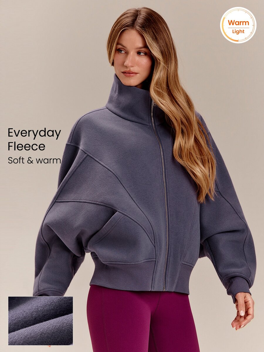 GLOWMODE Everyday Fleece Warmth Whisperer 柔軟保暖輕量夾克,前後縫線設計、口袋、蝙蝠袖、高領、全開襟拉鍊,休閒款 - 紫色 - 查看 1