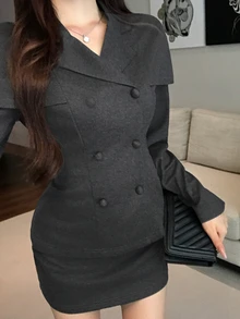 DAZY Autumn/Winter Double-Breasted Shawl Collar Waist-Cinching Wool Blazer & Bodycon Short Skirt Elegant Commute Date Office Women 2 Pieces Set - Grey - View 6