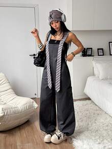 StreetHx High Street Tie Strap Overall Jumpsuit For Women, Spring/Autumn New Style, Large Pockets, Cargo Style, Loose Drape Wide Leg One-Piece - Dark Grey - View 3